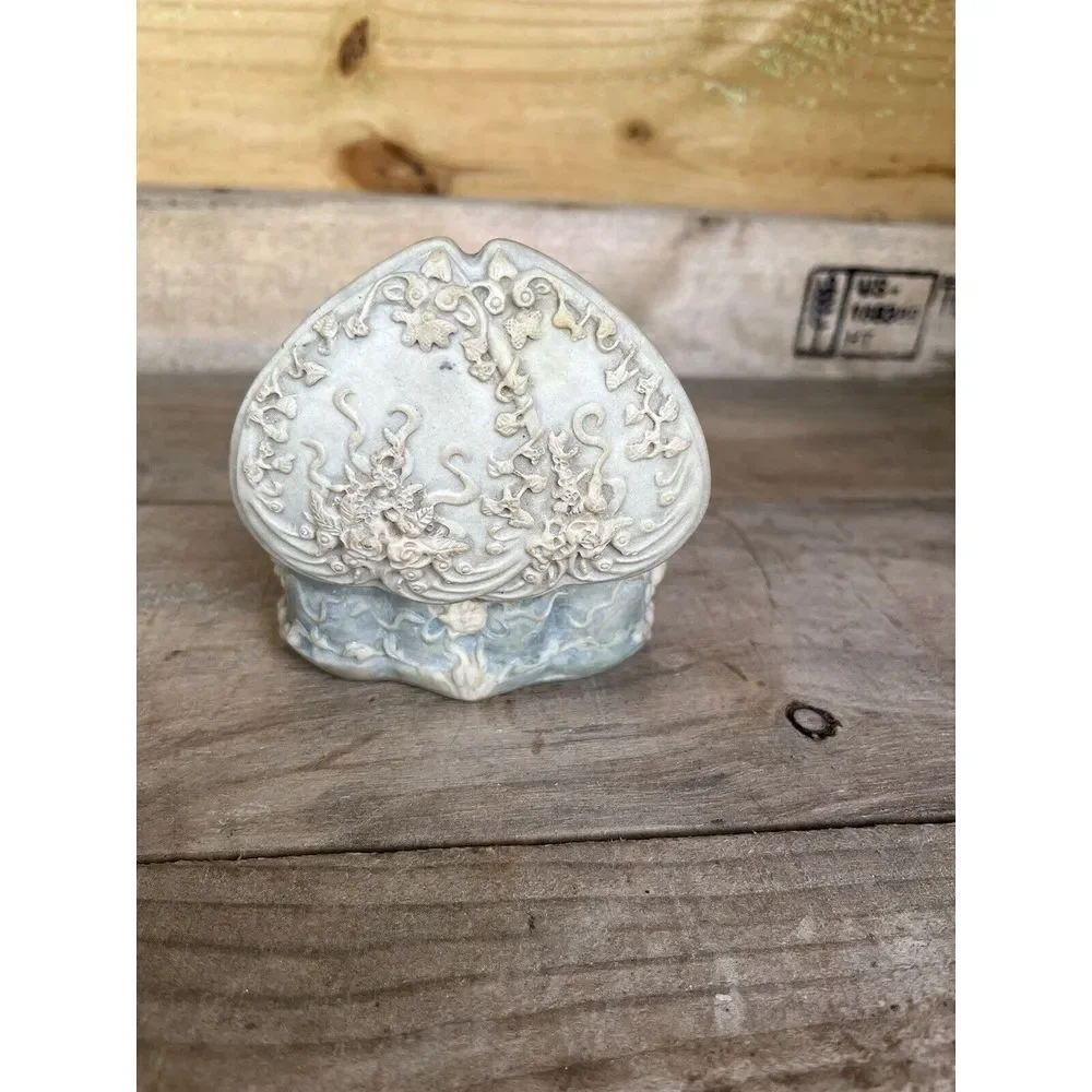 Vintage Genuine Incolay Blue Green Stone Heart Shape /Roses  Jewelry Trinket Box